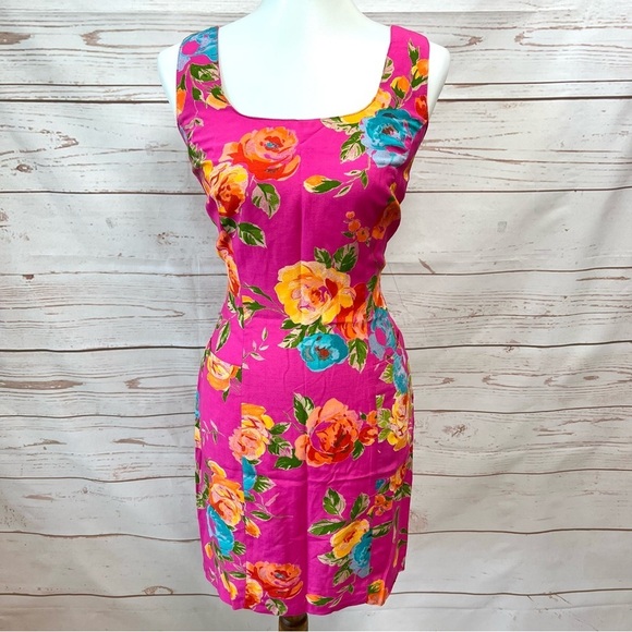 Vintage Retro 90’s Moda INTL Fuchsia Tropical Floral Pocket Sheath Dress - Picture 5 of 10